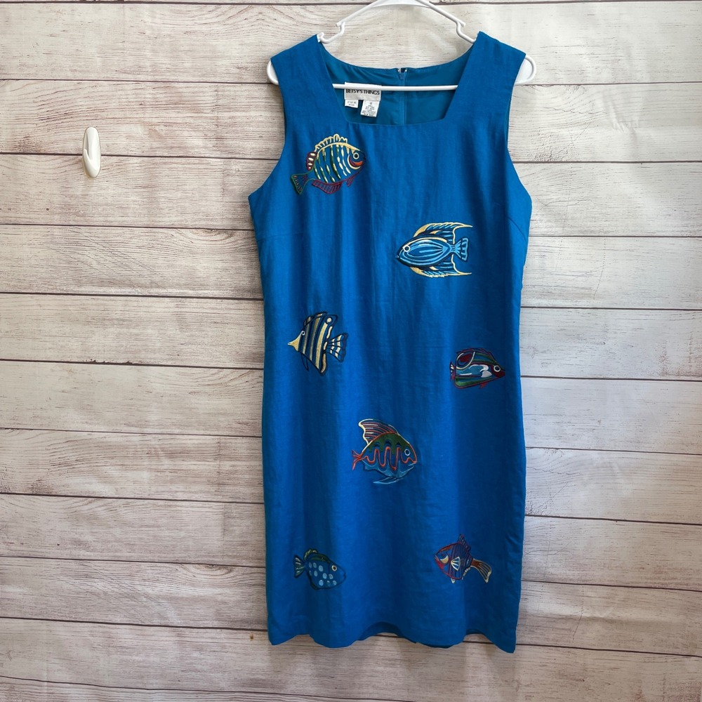 VINTAGE BETSY'S THINGS BLUE LINEN BLEND DRESS WITH EMBROIDERED FISH